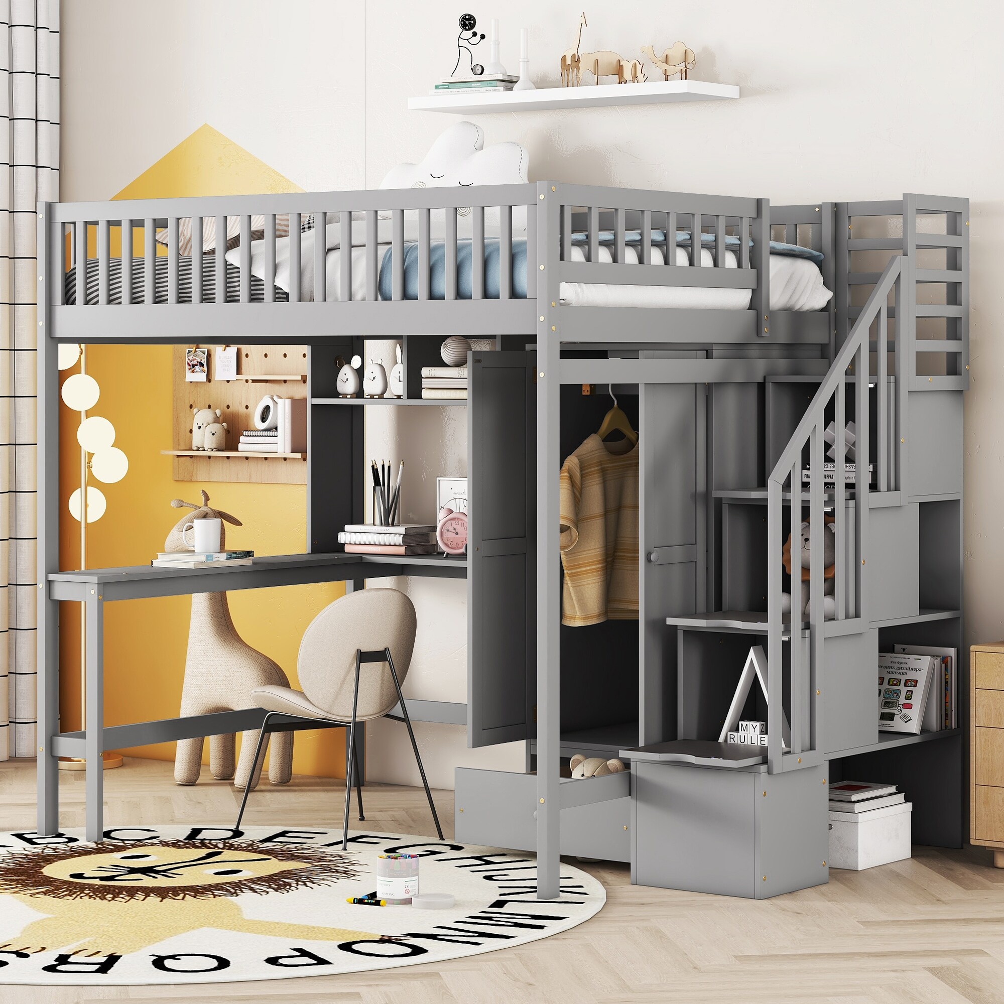 Full size loft bed with stairs and storage outlet
