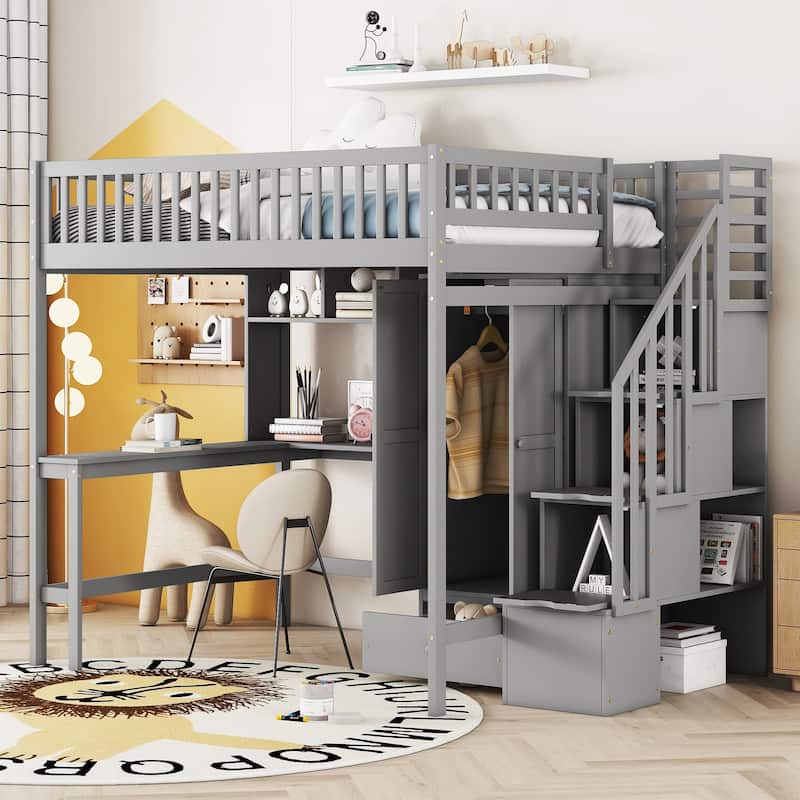 Full Size Loft Bed with Built-in Bookshelf, Drawers, Desk and Wardrobe in Gray - Gray