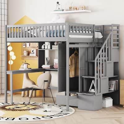 Full size Loft Bed with Bookshelf,Drawers,Desk,and Wardrobe