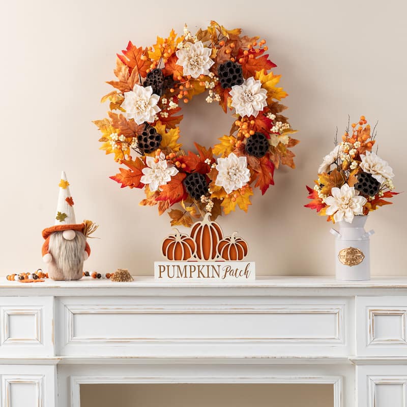 Glitzhome Fall Thanksgiving Dahlia Lotus Pod Berry Floral Wreath Swag with Metal Wreath Hanger