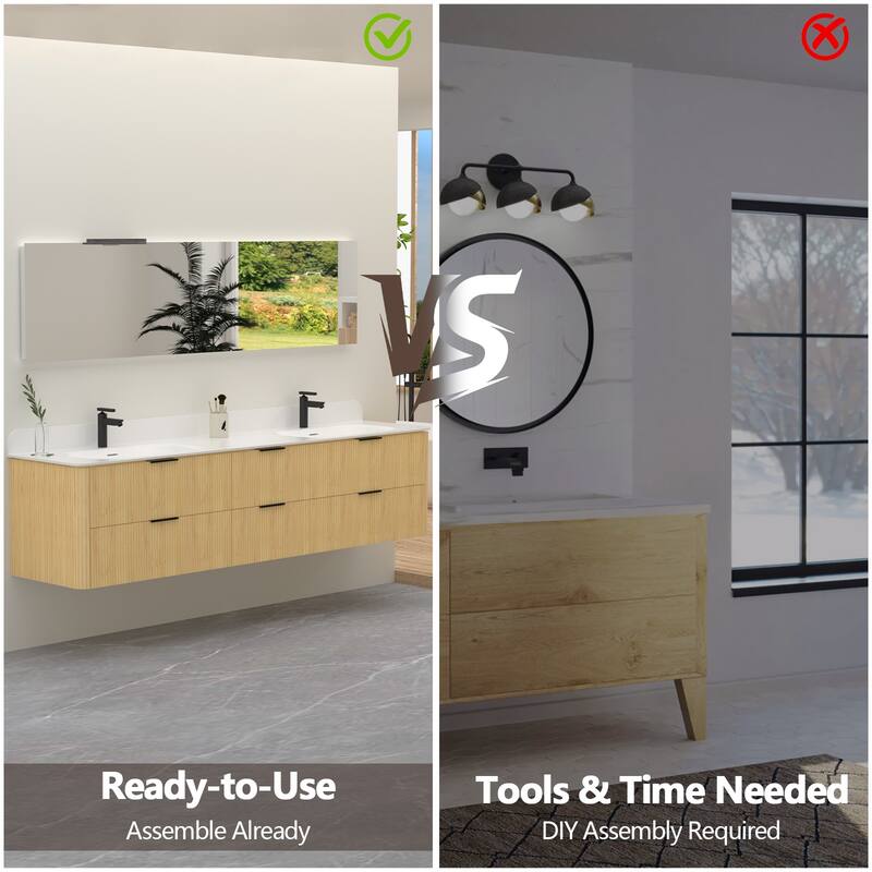 84" Floating Bathroom Vanity with Integrated countertop Rectangular Sink Solid Wood