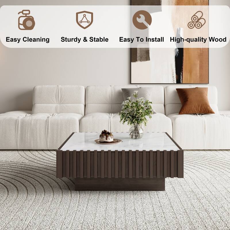 33.46" Modern Square Coffee Table,White Fuax Marble Table top, Solid Wood with 1 Drawer