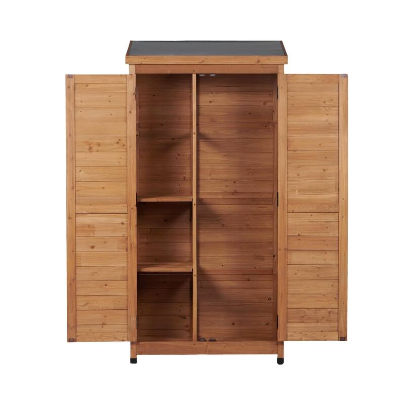 Outdoor Wooden Storage Shed with Metal Top Tall Vertical Tool Cabinet for Backyard Garden Patio Lawn