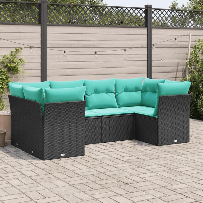 vidaXL 6 Piece Patio Sofa Set with Cushions Black Poly Rattan - 92.1x27.2x48.8