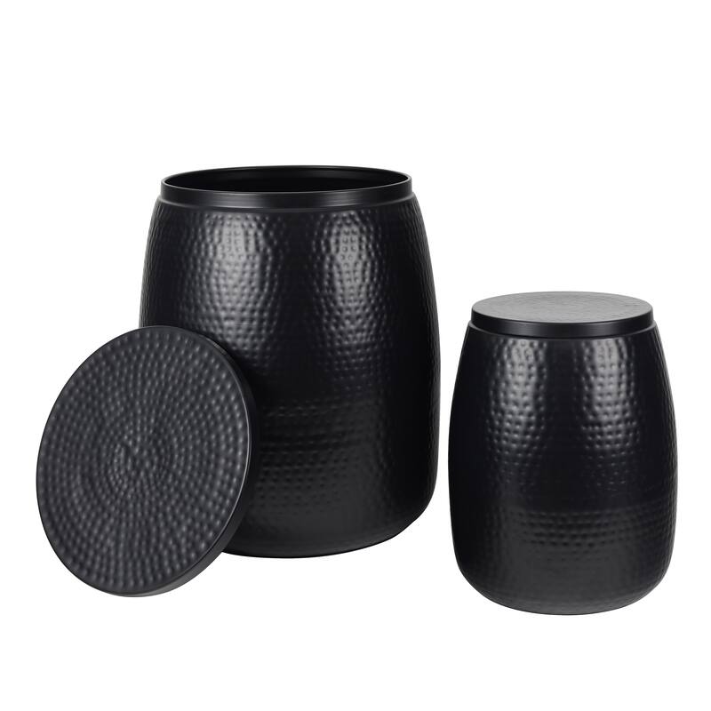 happimess Rustic Metal Drum Storage Side Table with Lid - Matte Black - 19 (Set of 2)
