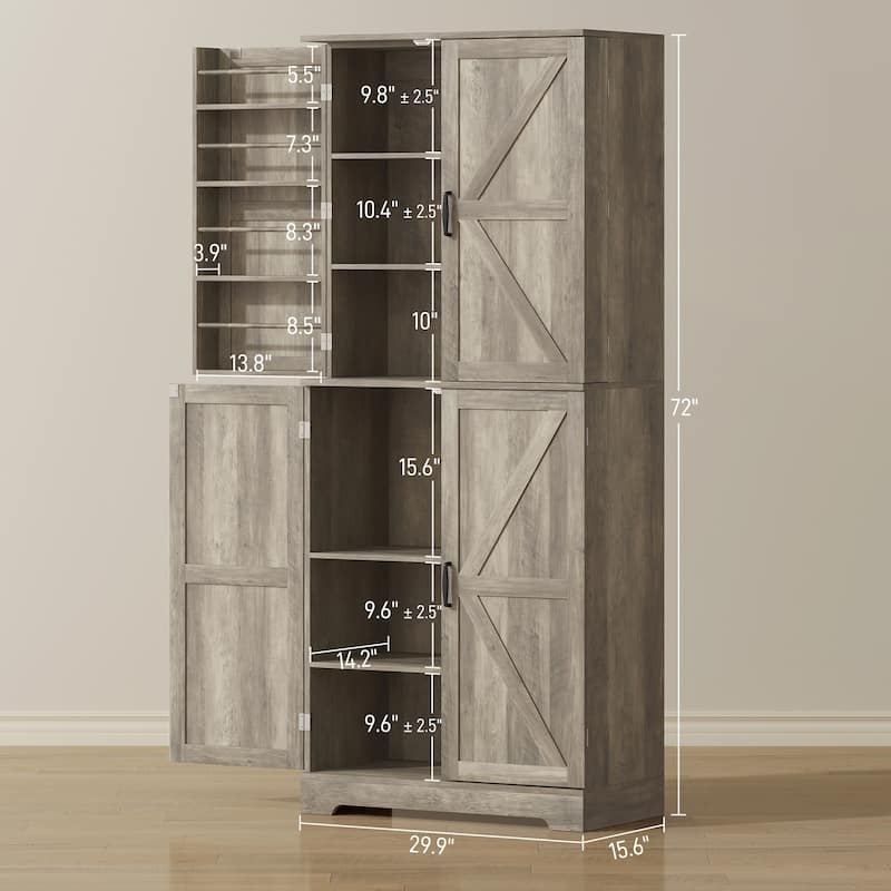 Tall Pantry Cabinet with Barn Doors - Kitchen Storage with Adjustable & Door Shelves