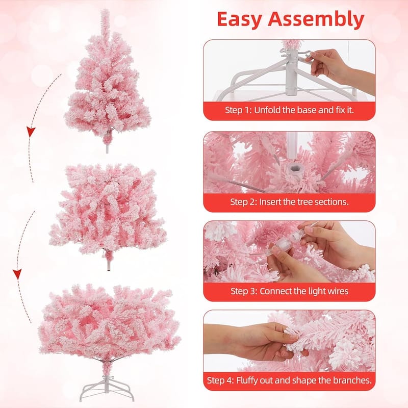 6 FT Snow Flocked Pink Pre-Lit Artificial Xmas Christmas Tree for Home Office - 6FT
