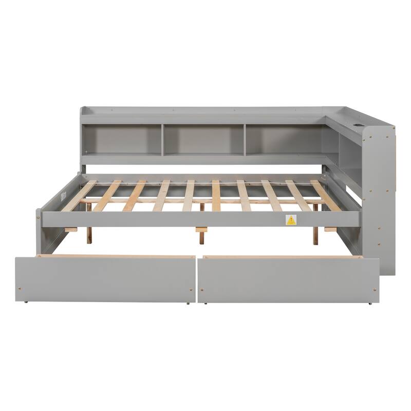 Full Size L-shaped Bookcases Bed with Power Outlets, USB Charging Ports