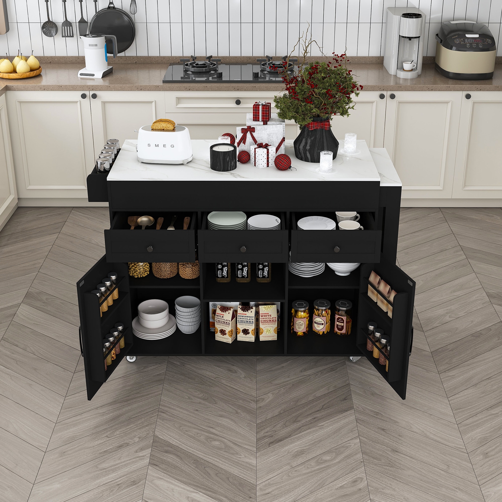 74.8" Extendable Kitchen Island with Marble Veneer Top & Built-in Power Outlet – Mobile Storage Cart featuring 3 Drawers.