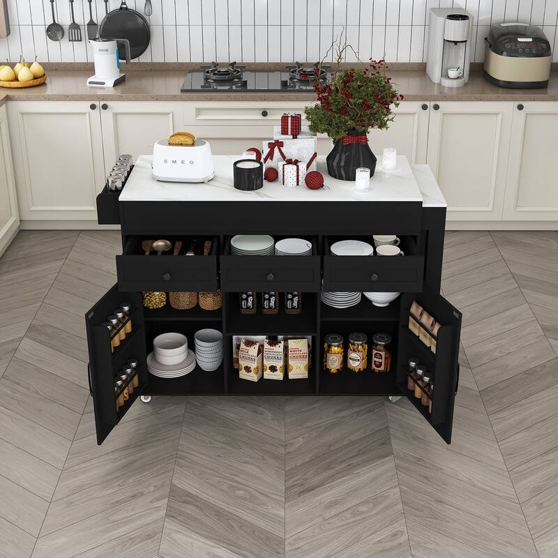 75" Kitchen Island with Extendable Table & Power Outlet - Rolling Storage Cart with Marble Top & Cabinet for Dining Room