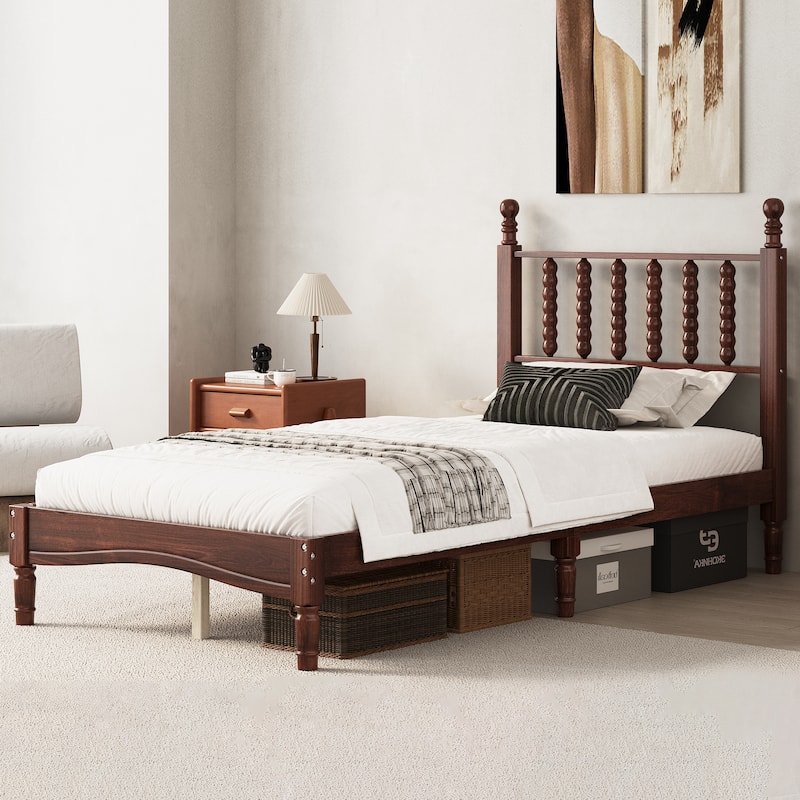 Twin/Full/Queen/King Retro Style Wood Platform Bed with Gourd Headboard and Wooden Slat Support