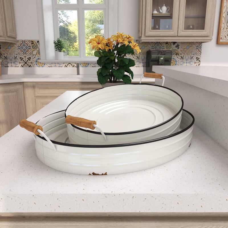 White Iron Farmhouse Tray (Set of 2) - 21 x 15 x 4