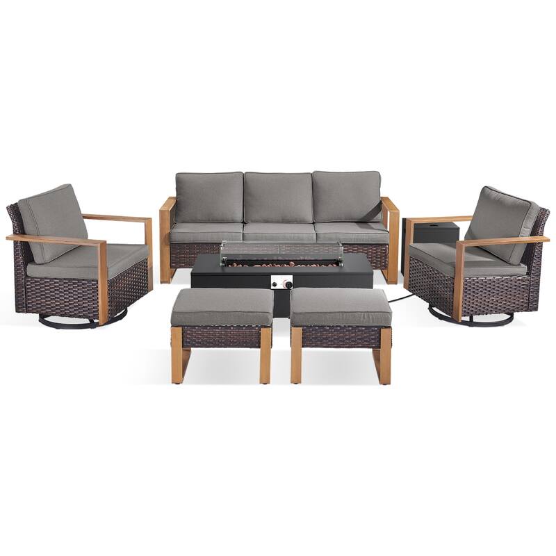 Meyreso Wicker Outdoor Patio Fire Pit Set with Swivel Gliders & 4.5-Inch Olefin Cushions