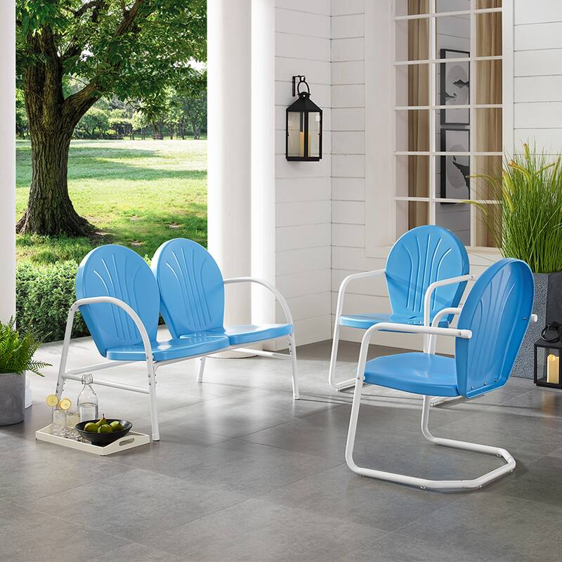 Griffith 3 Piece Metal Outdoor Conversation Seating Set - Loveseat & 2 Chairs in Sky Blue Finish