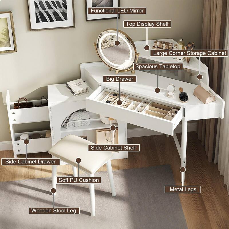 Corner Makeup Vanity Desk with Mirror & LED Lights