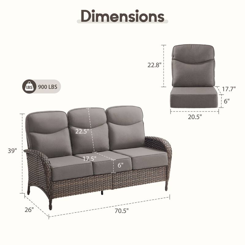 Meyreso 3-Seat Handwoven Wicker Patio Sofa with 6-Inch Thick Cushions