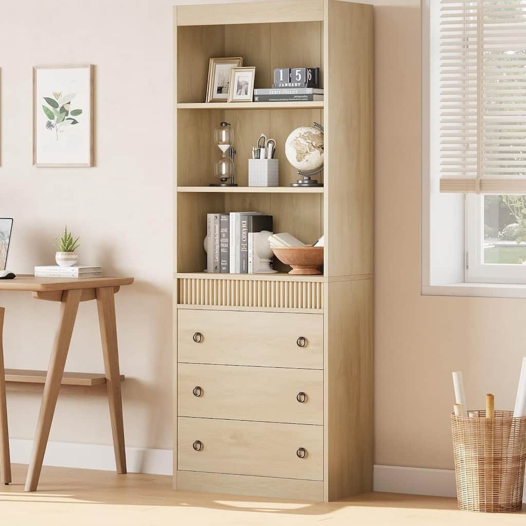 6 Tier Fluted Bookshelf Storage Drawers Bookcase for Living Room, Office, Bedroom