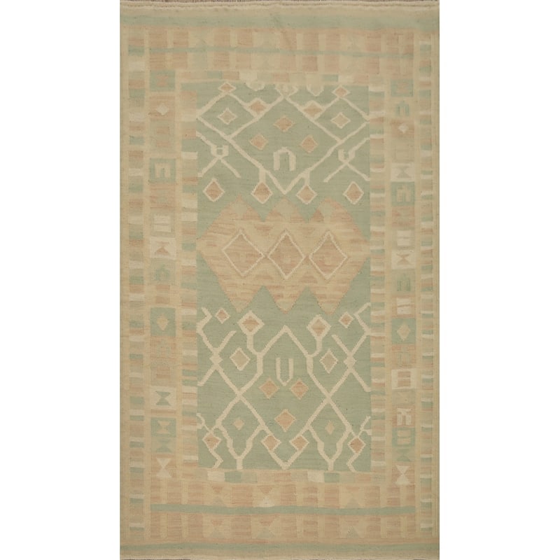 Hand Woven Oriental 100% Wool Carpet Southwestern Tribal Green Kilim Area Rug - 5' 10'' X 3' 10''