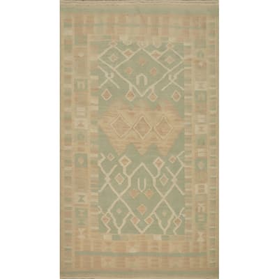 Hand Woven Oriental 100% Wool Carpet Southwestern Tribal Green Kilim Area Rug - 5' 10'' X 3' 10''