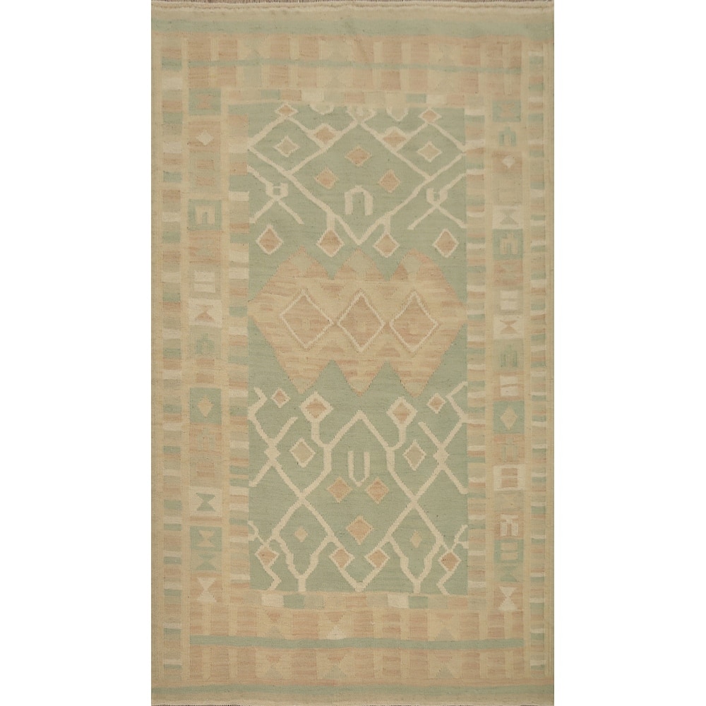 Hand Woven Oriental 100% Wool Carpet Southwestern Tribal Green Kilim Area Rug - 5' 10'' X 3' 10''