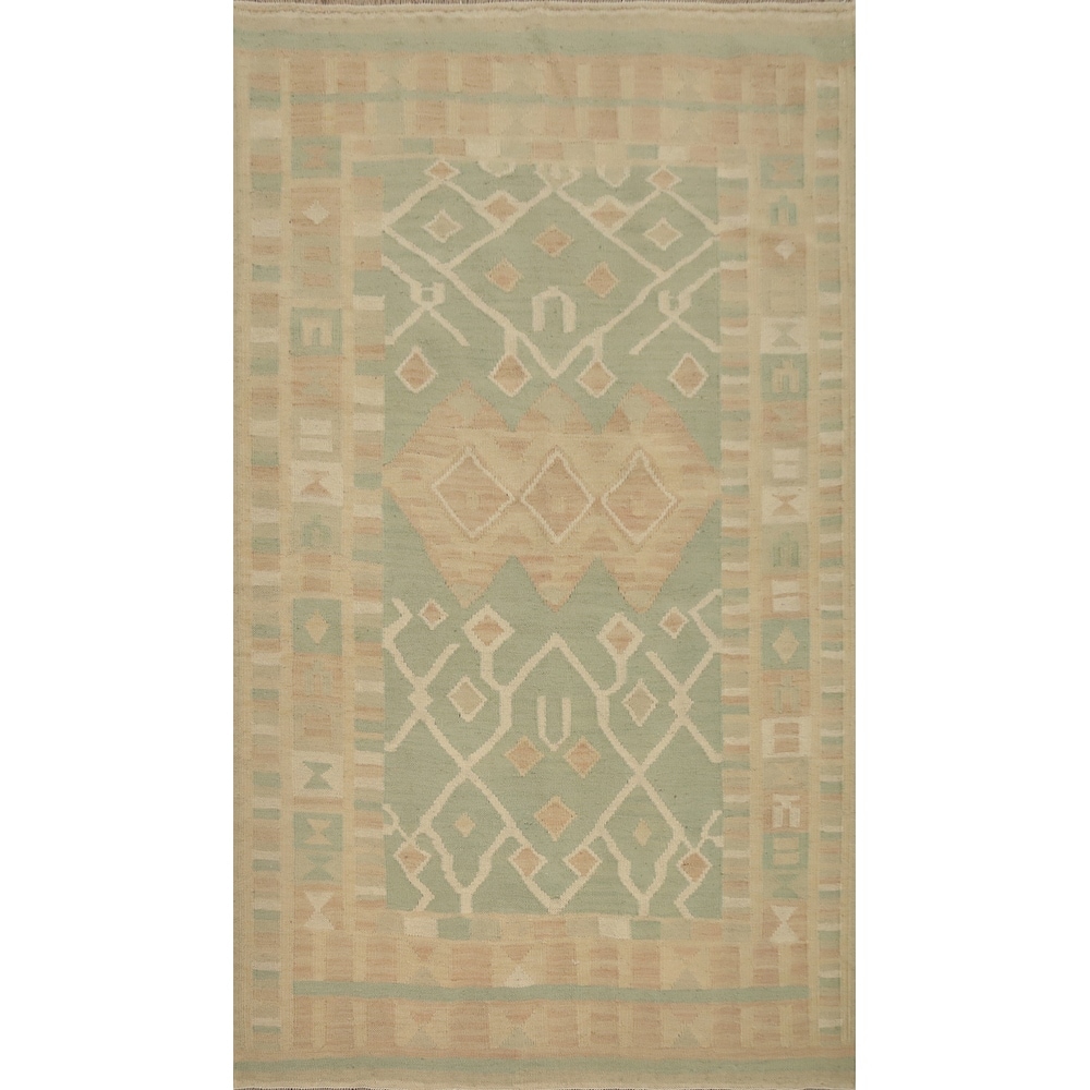 Hand Woven Oriental 100% Wool Carpet Southwestern Tribal Green Kilim Area Rug - 5' 10'' X 3' 10''
