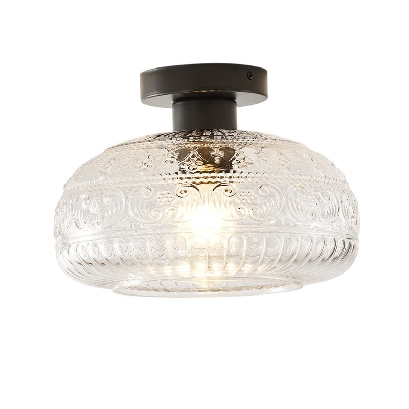 Modern 1-Light Black Semi Flush Mount Ceiling Fixture with Textured Clear Glass