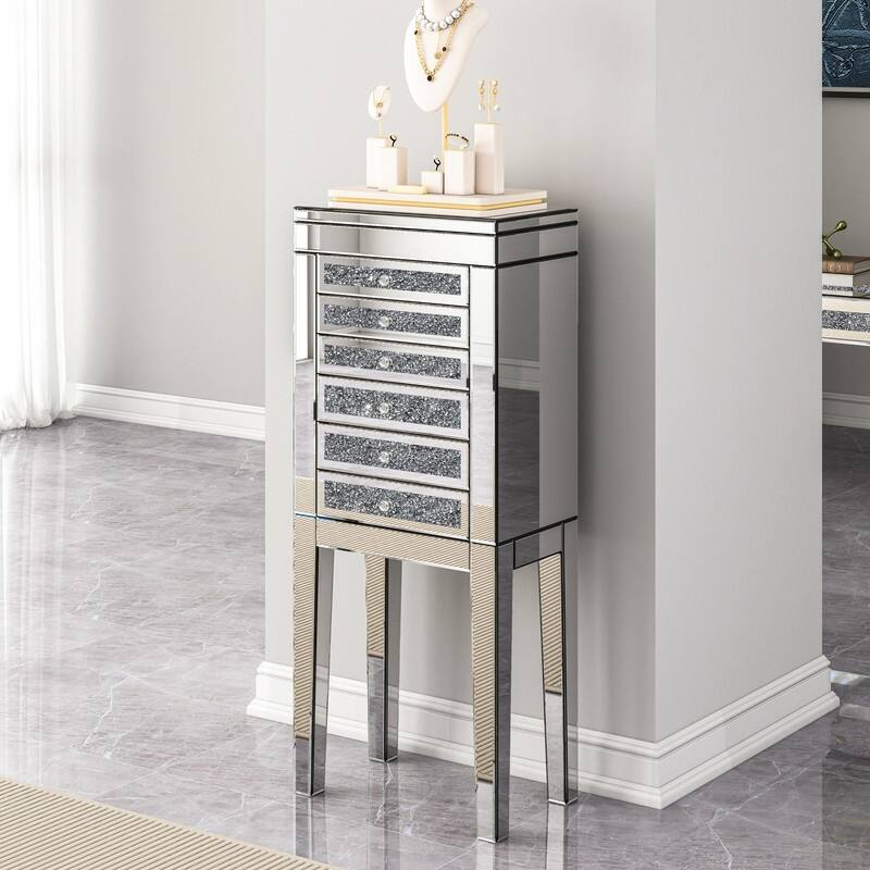 Mirrored Glass Jewelry Armoire with Crushed Diamond Inlay