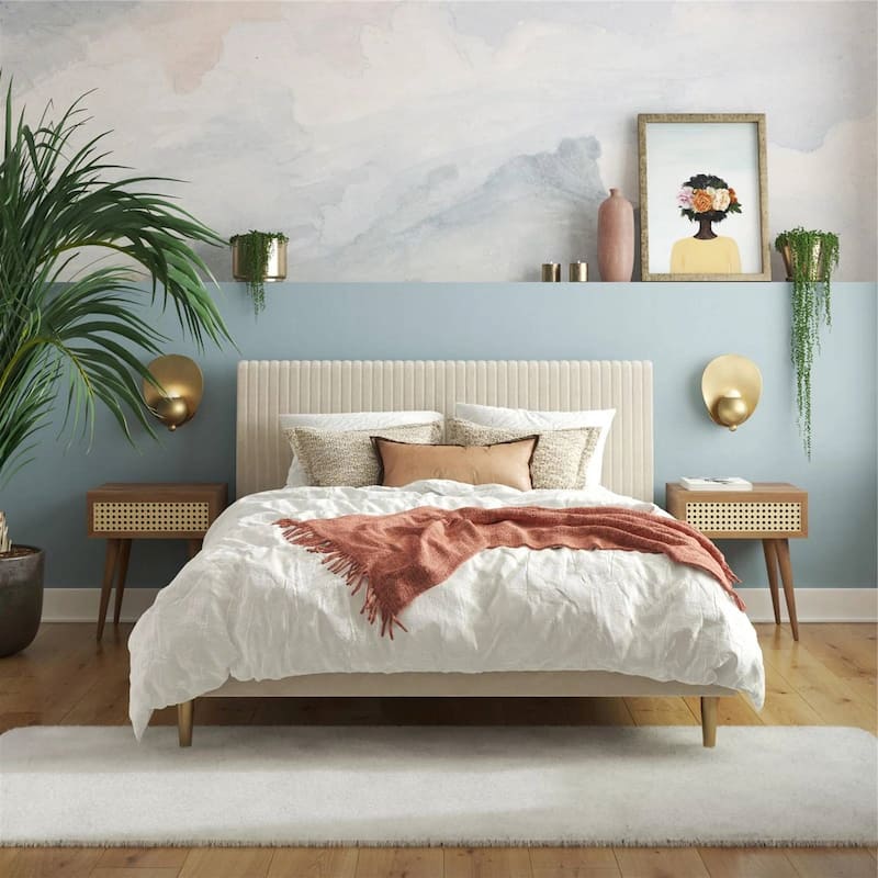 Off-White Ivory Cream Upholstered Platform Bed Frame with Headboard