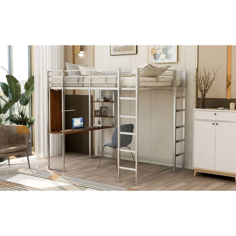 Full Size Metal Loft Bed with 2 Shelves and Desk, Silver