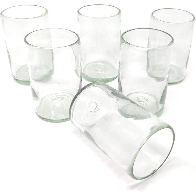 Dos Sueños Hand Blown Mexican Drinking Glasses - Set of 6 Natural Clear Glasses (14 oz each) - Set of 6