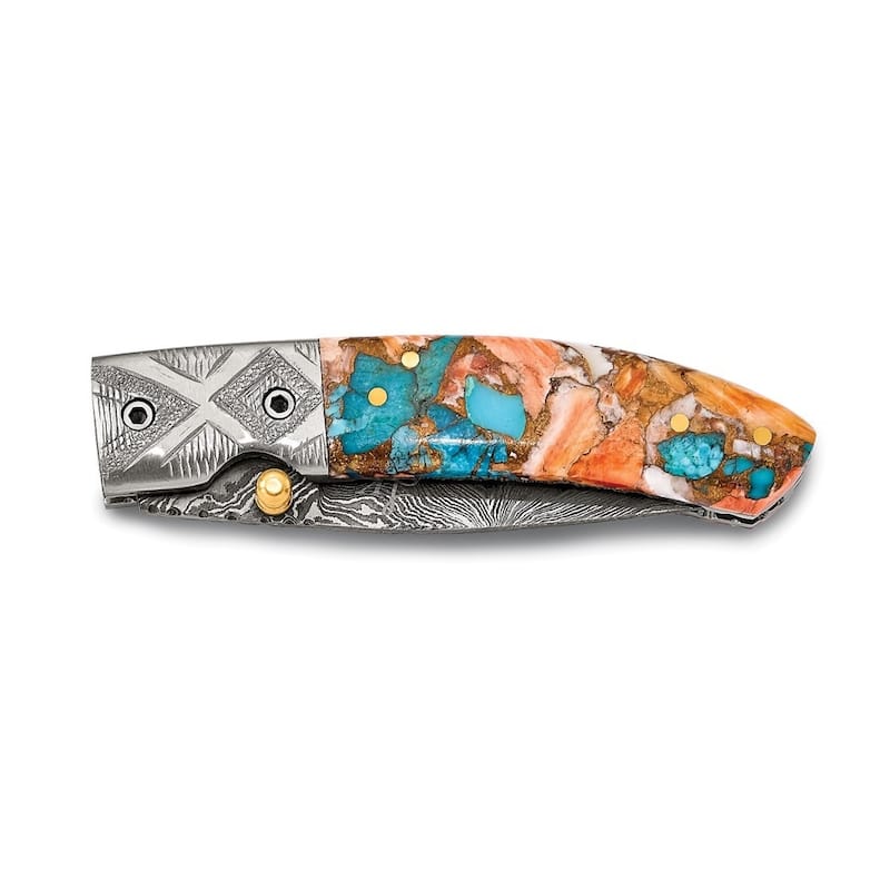 Curata Damascus Steel 256 Layer Spiny Oyster Turquoise Handle Folding Blade Knife Leather Sheath Wooden Gift Box