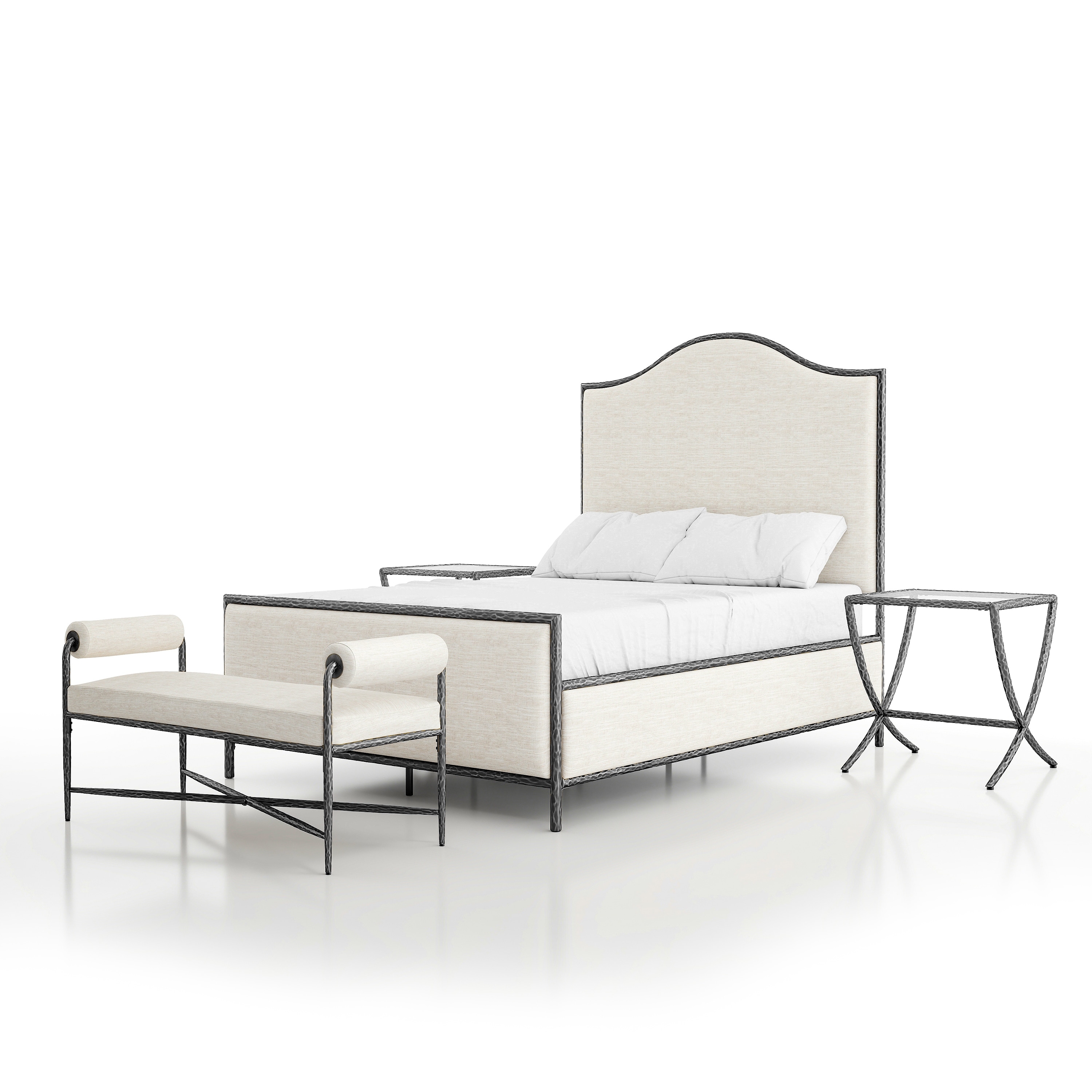 247 Shop At Home Lalia Modern 4-Piece Upholstered Hammered Metal Camelback Bedroom Set with 2 Nightstands