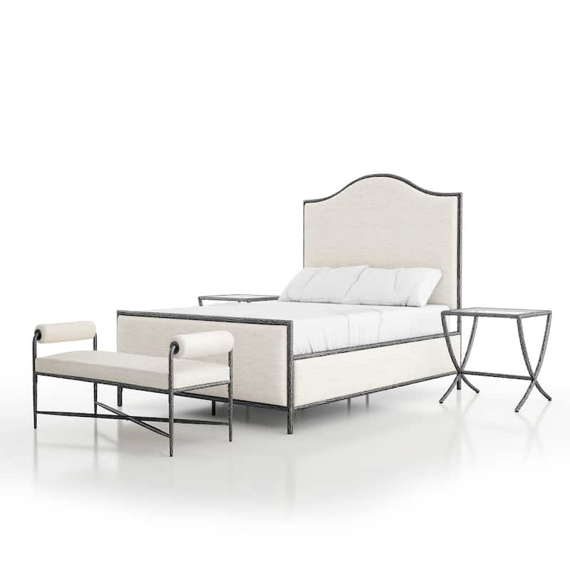 247 Shop At Home Lalia Modern 4-Piece Upholstered Hammered Metal Camelback Bedroom Set with 2 Nightstands - Matte Grey - Full