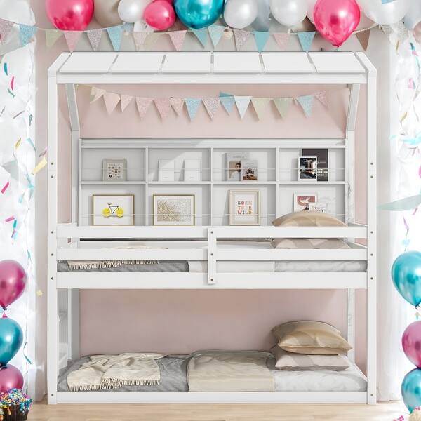 slide 2 of 9, Twin House Loft Bunk Bed Kids Bed with Guardrails Semi-enclosed Roof Bedside Shelves and Ladder, White White