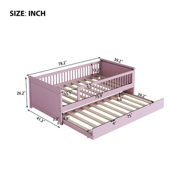 Wood Twin Size Platform Bed with Guardrail and Trundle, Wood Platform Bed Frame for Kids, Teens, No Box Spring Needed