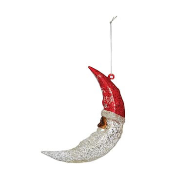 Hand-Painted Mercury Glass Santa Moon Ornament with Glitter