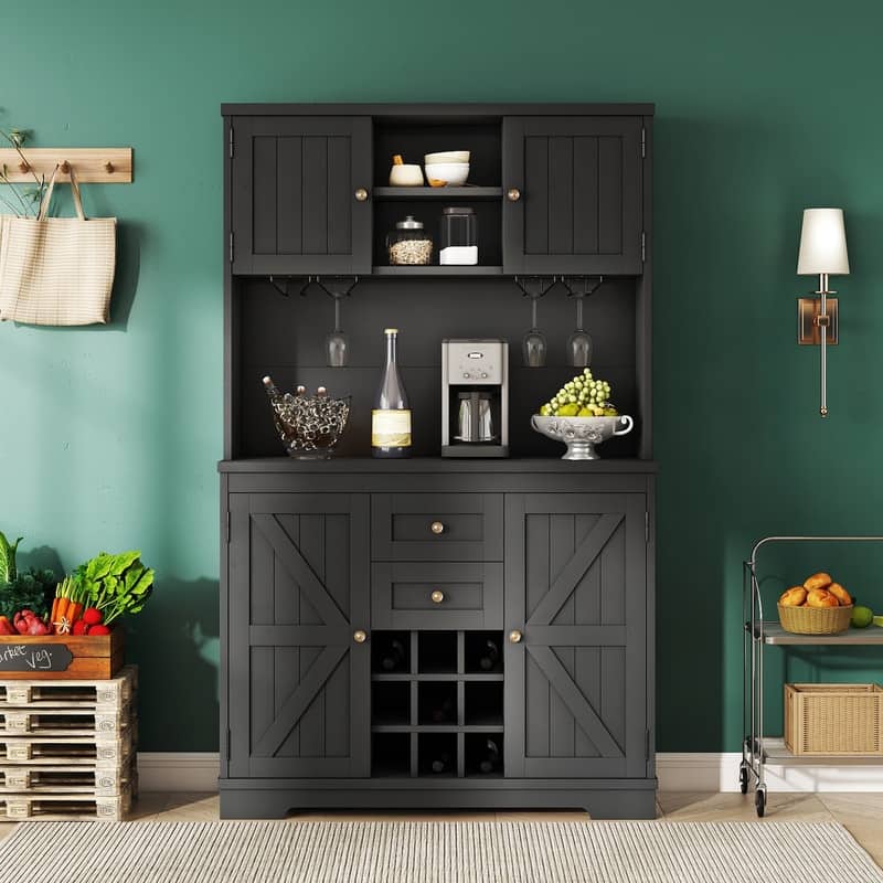 Farmhouse Home Bar Wine Storage Cabinet, Buffet Sideboard Kitchen Pantry with Adjustable Shelves, Drawers & Wine Glass Racks