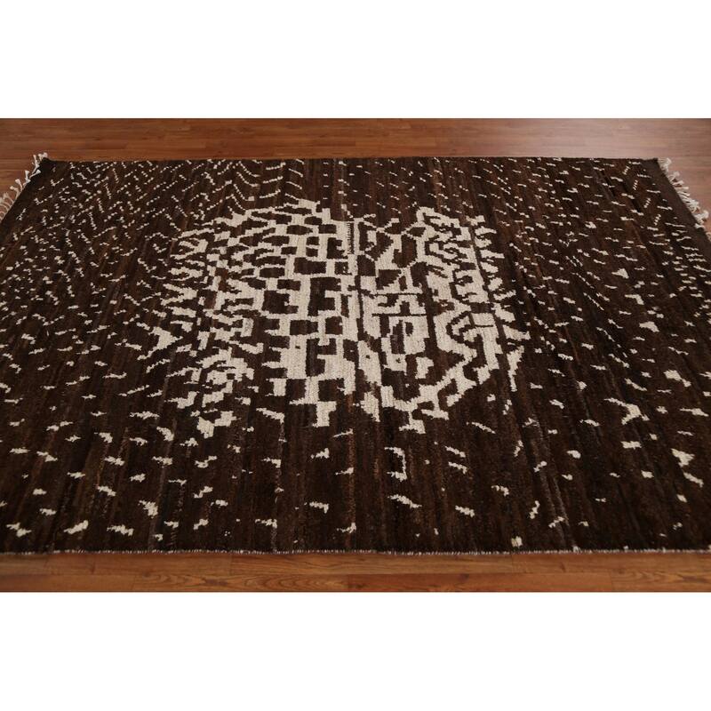 Hand Knotted Oriental 100% Wool Carpet Tribal Tribal Brown Moroccan Area Rug - 8' 2'' X 5' 7''