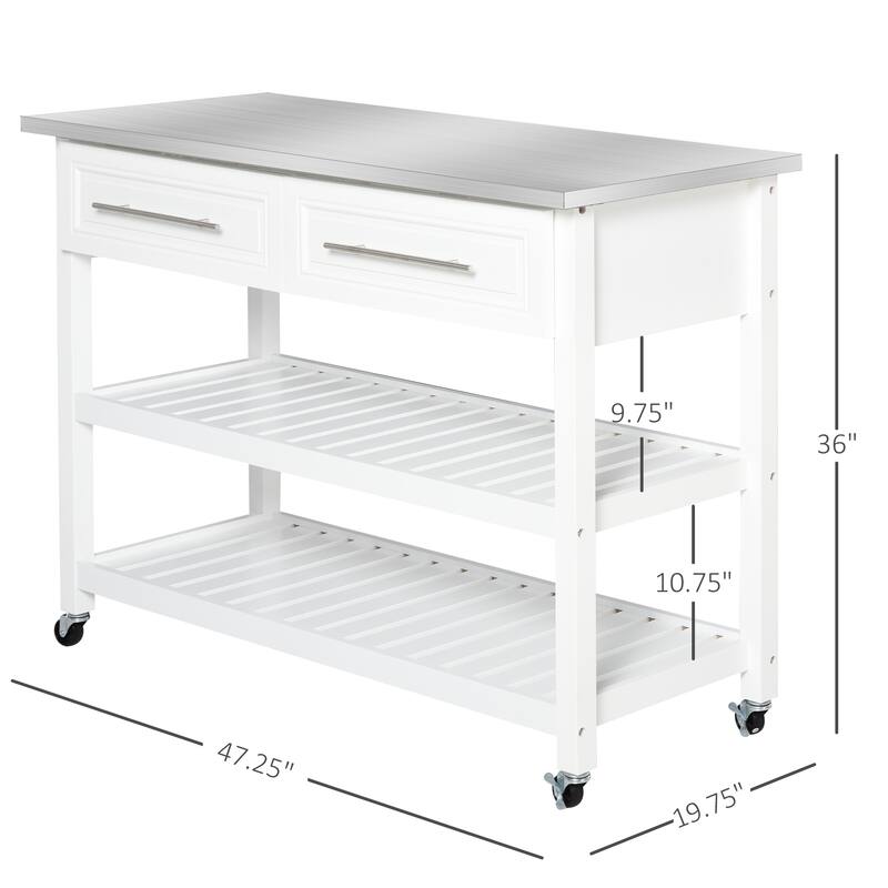 Kitchen Island with Stainless Steel Top, Open Shelves, and Drawers, Gray