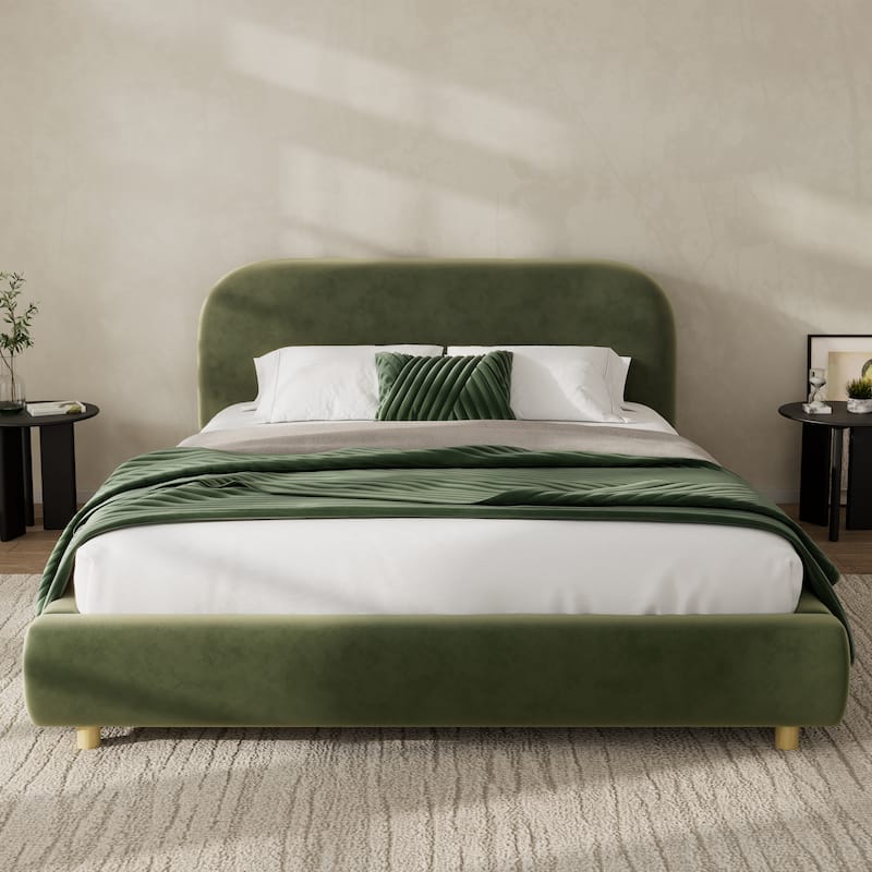 Queen Size Platform Bed with Velvet Fabric, Upholstered Bed with Curve Design Thick Headboard, Olive Green