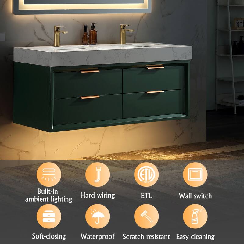 Modern LED 36''/48''/60'' White / Green Bathroom Vanity with Undermount Single / Double Sink