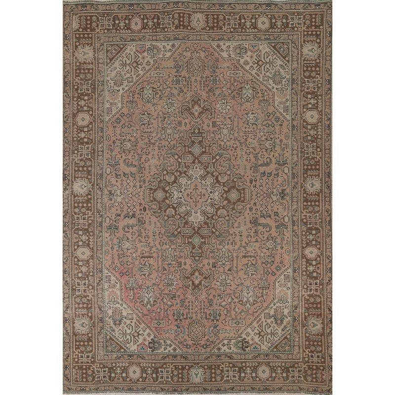 Pink Geometric Tabriz Persian Vintage Area Rug Handmade Wool Carpet - 6'8"x 9'6"