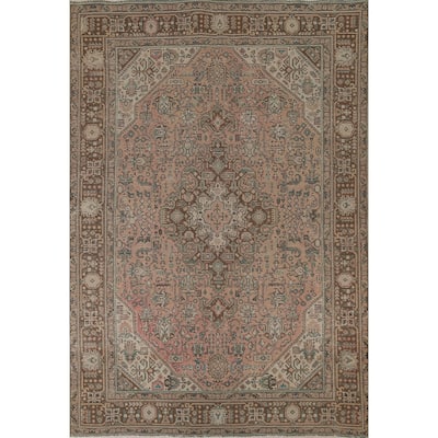 Pink Geometric Tabriz Persian Vintage Area Rug Handmade Wool Carpet - 6'8"x 9'6"