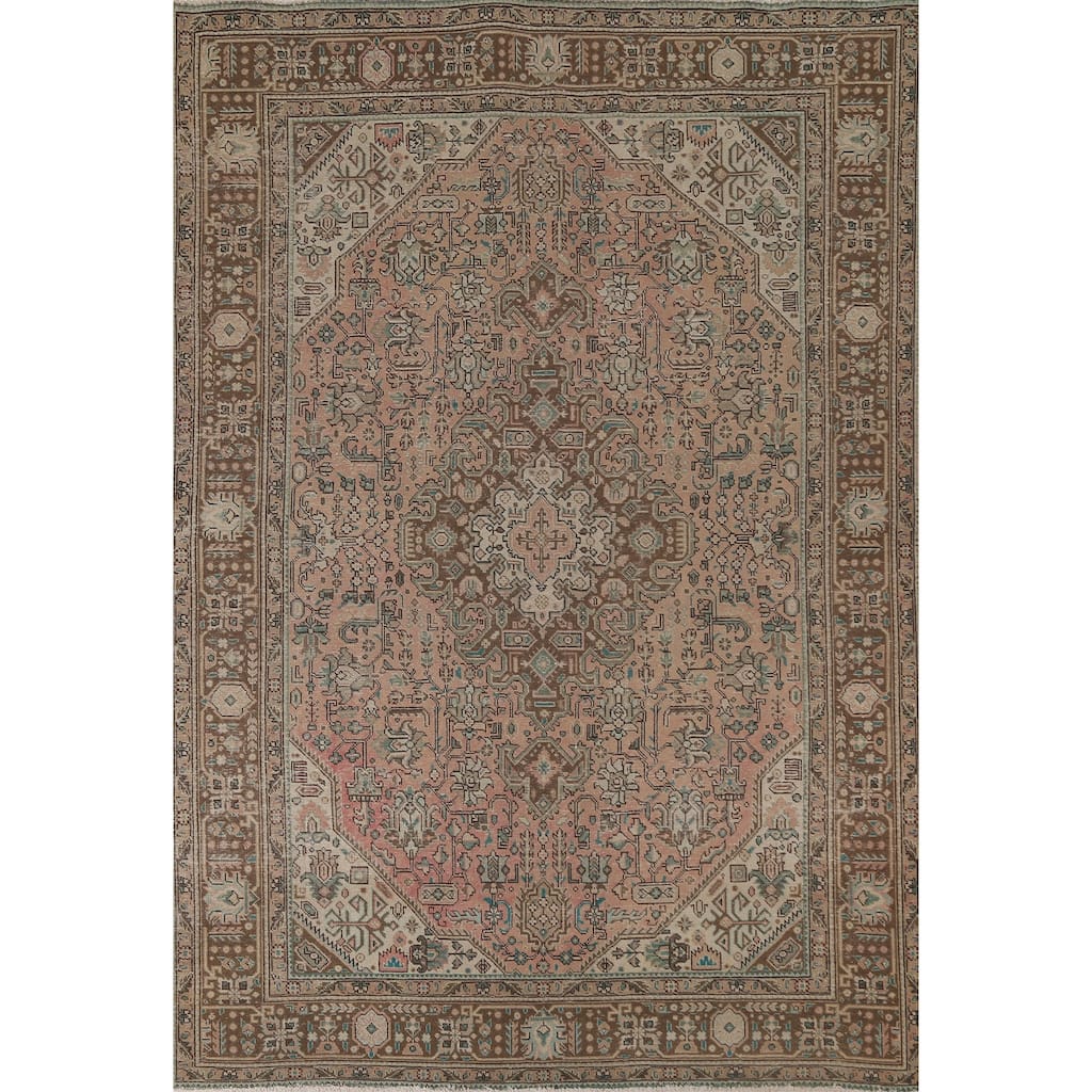 Pink Geometric Tabriz Persian Vintage Area Rug Handmade Wool Carpet - 6'8"x 9'6"