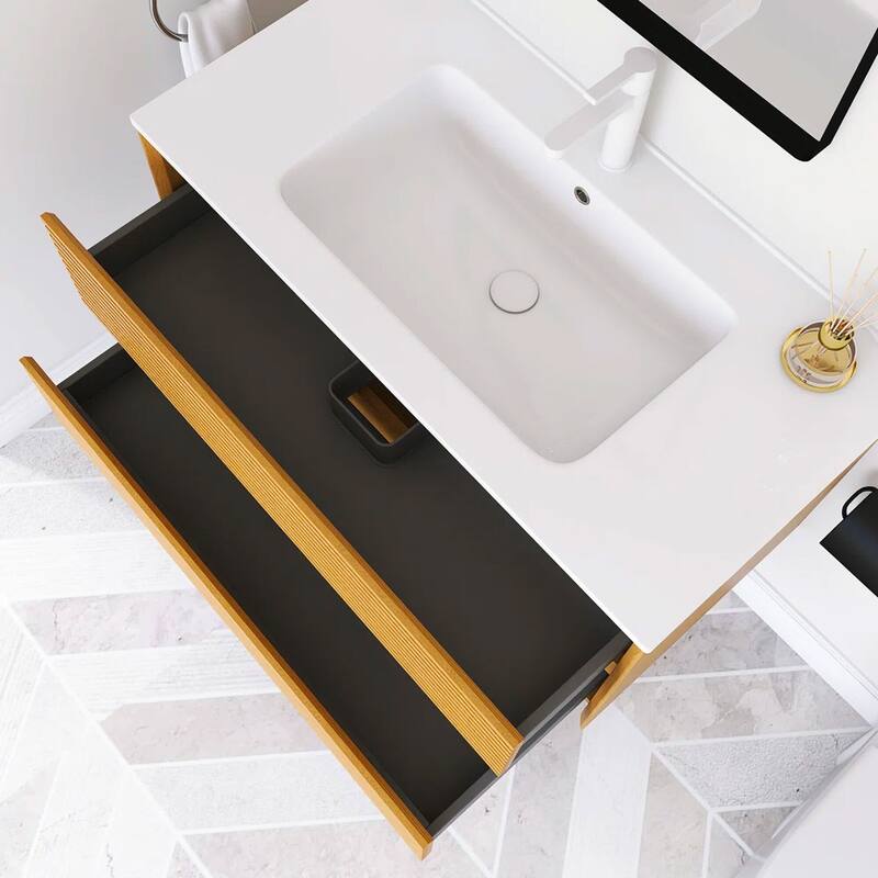 Wall-Mounted Bathroom Vanity with White Ceramic Sink