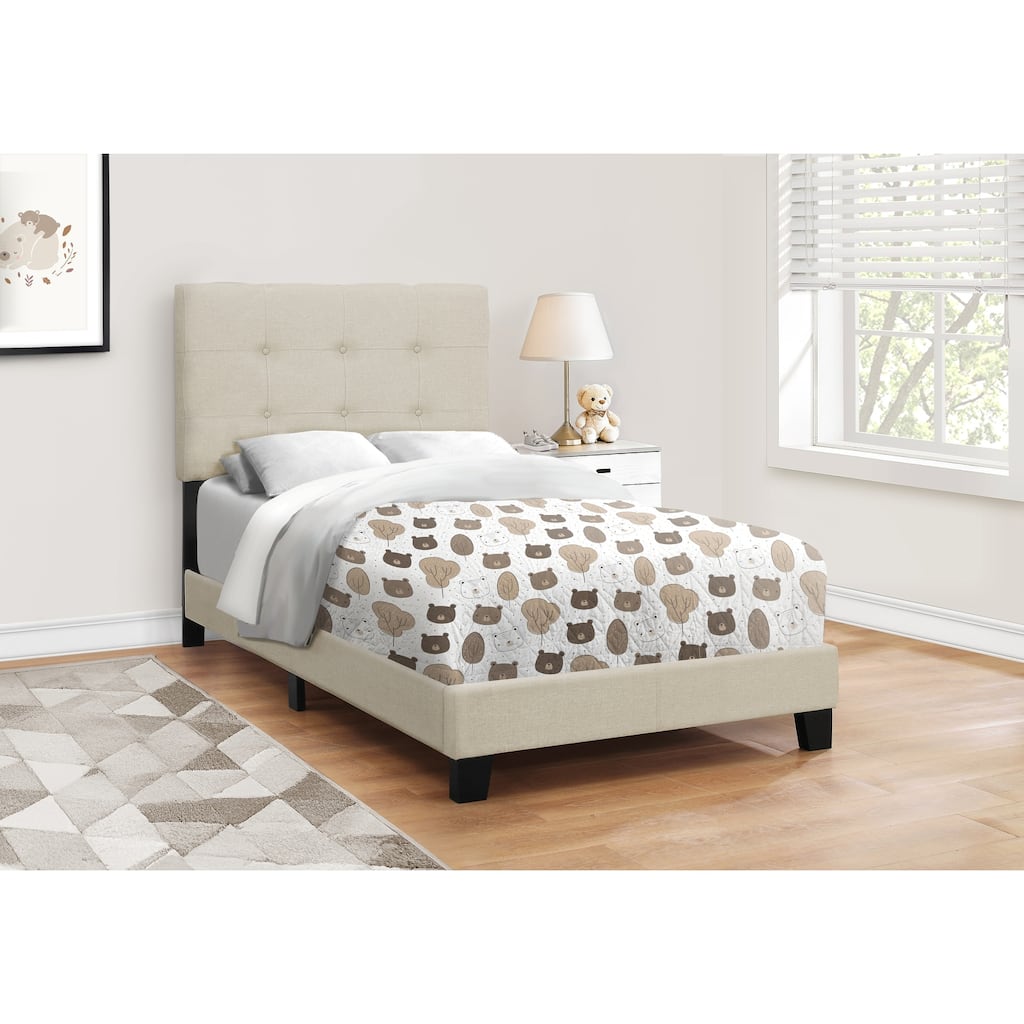 Twin Size Upholstered Platform Bed Frame with Beige Linen Look, Transitional Design