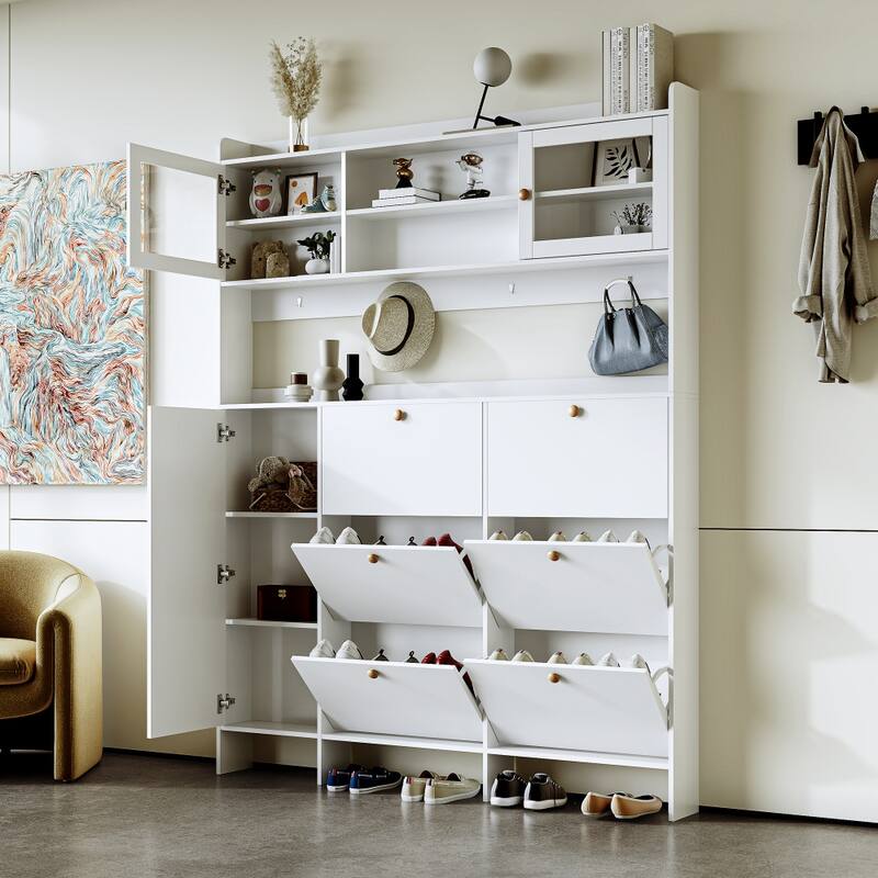 62.1in.W Shoe Cabinet with 6 Flip Drawers with 4 Hooks for Hallway - 62.1" Wide - White