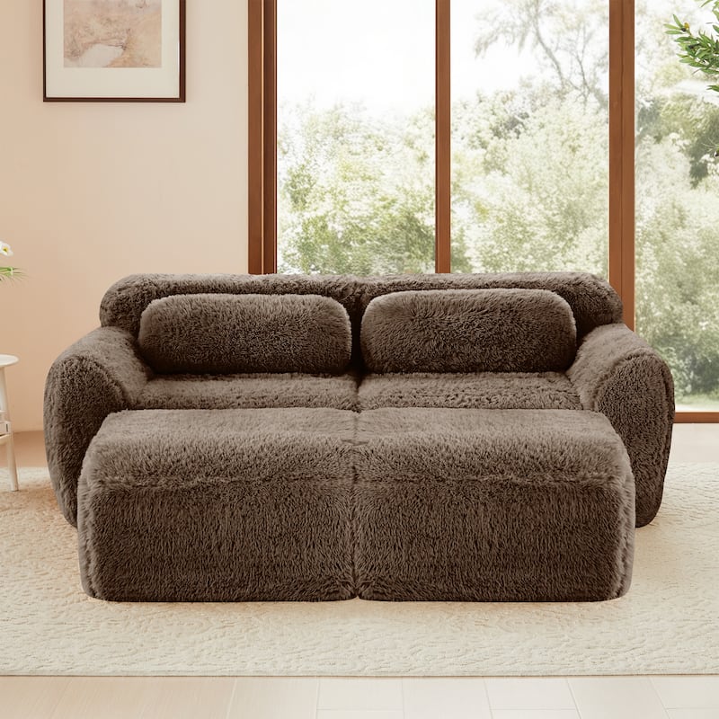 80''Soft Plush Fabric,Boneless Sofa,Bottom Anti-Slip Design With Chaise,Deep Seat Design