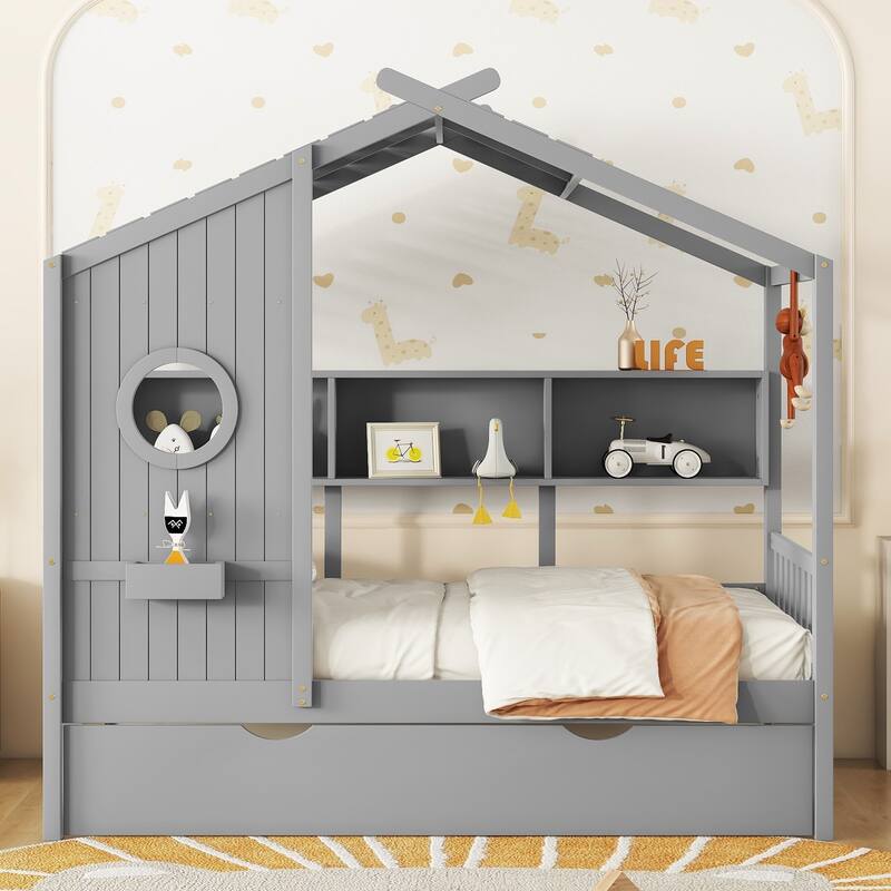 Wooden House Bed With Trundle,Modern Design for Kids with Storage Shlef - Grey - Twin