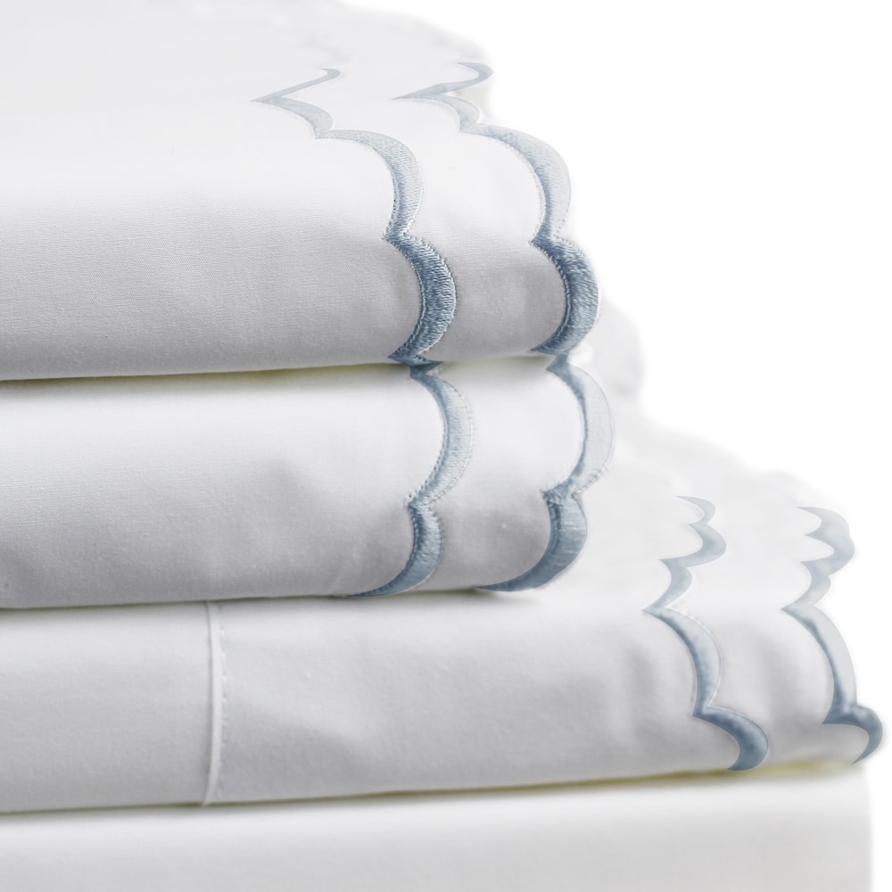 Percale Cotton Double Scalloped Embroidered Crisp Sheet Set